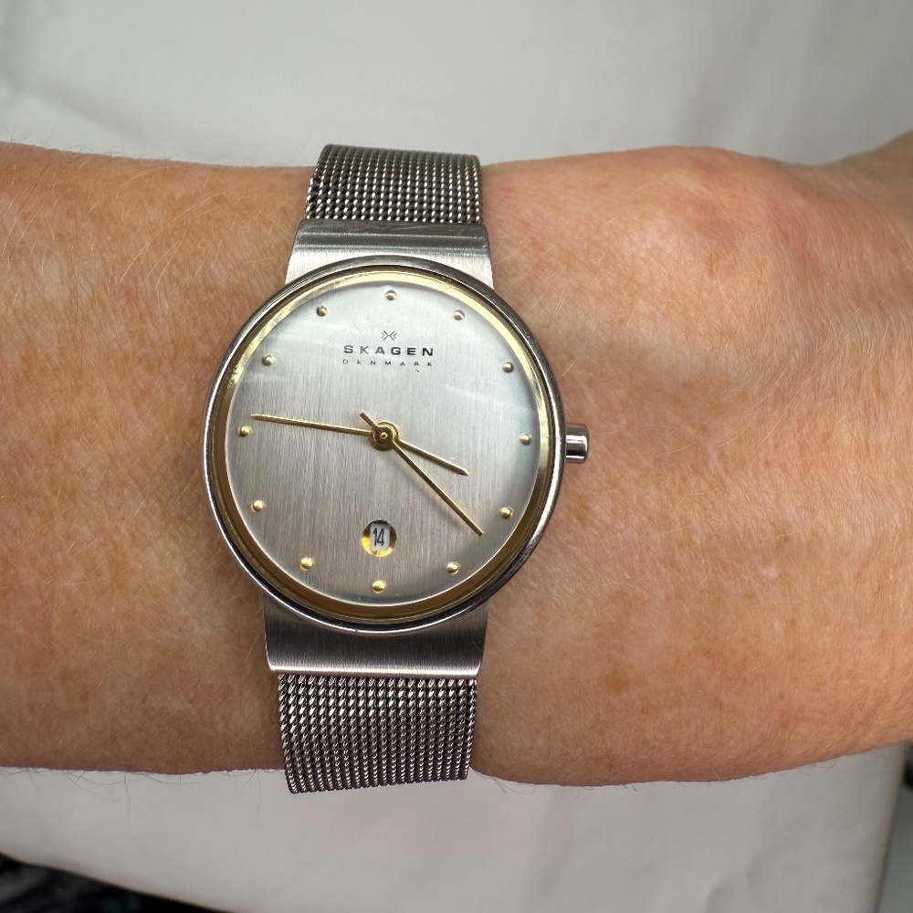 Skagen Ladies Watch Silver Round Face Mesh Easy Adjust Band Runs New Battery